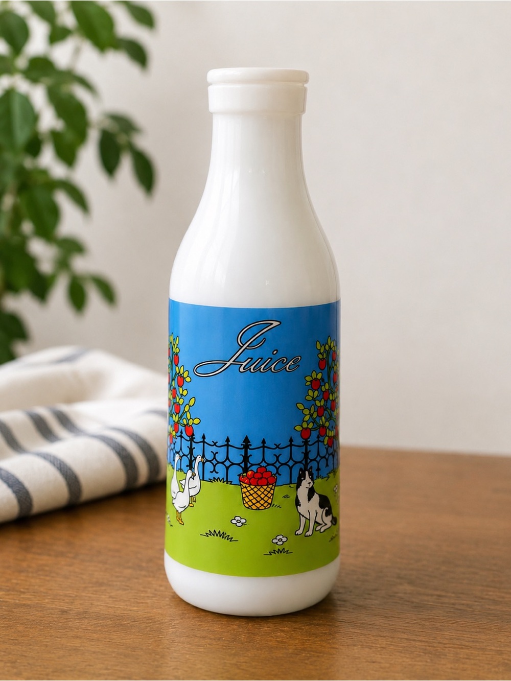 Vintage Carlton Glass Juice Bottle Orchard Farm Scene Milk Glass Decanter